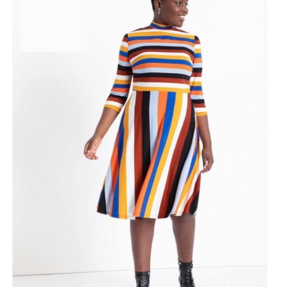 Eloquii Mock Neck Fit and Flare Striped Dress